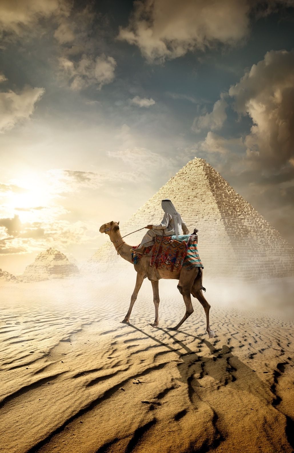 camello con jinete y piramide de fondo